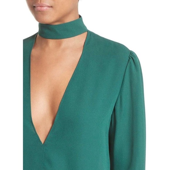 ALC Liza Silk Top Womens 2 Pine Green Choker VDeep V-neck Long Sleeve Blouse - Picture 4 of 16